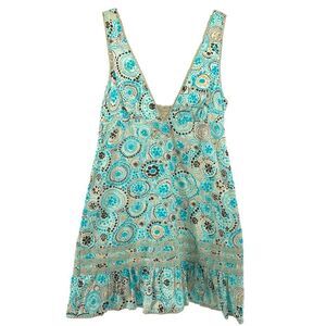 Free People Vintage 90s Sleeveless V-Neck Cotton Dress Blue Brown Dotted Size 10